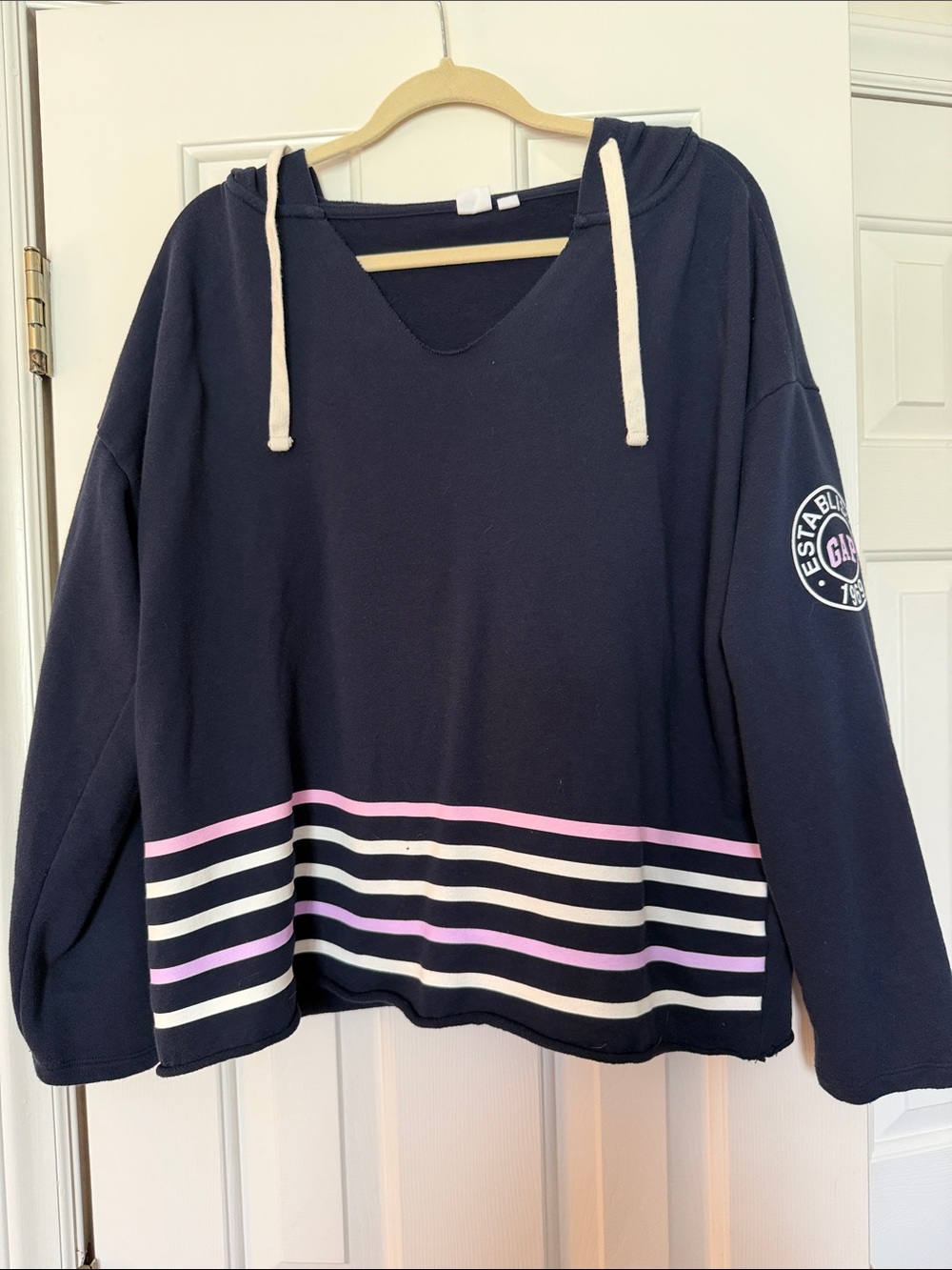 GAP Navy V-Neck Hooded Sweater with Pink & White Stripes